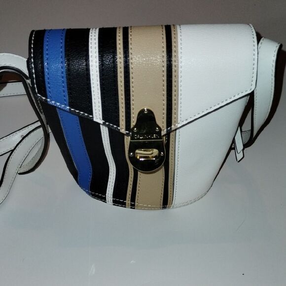 Calvin Klein Mini Shoulder Bag – White with Multicolor Stripes, Gold Logo Clasp - Picture 4 of 6